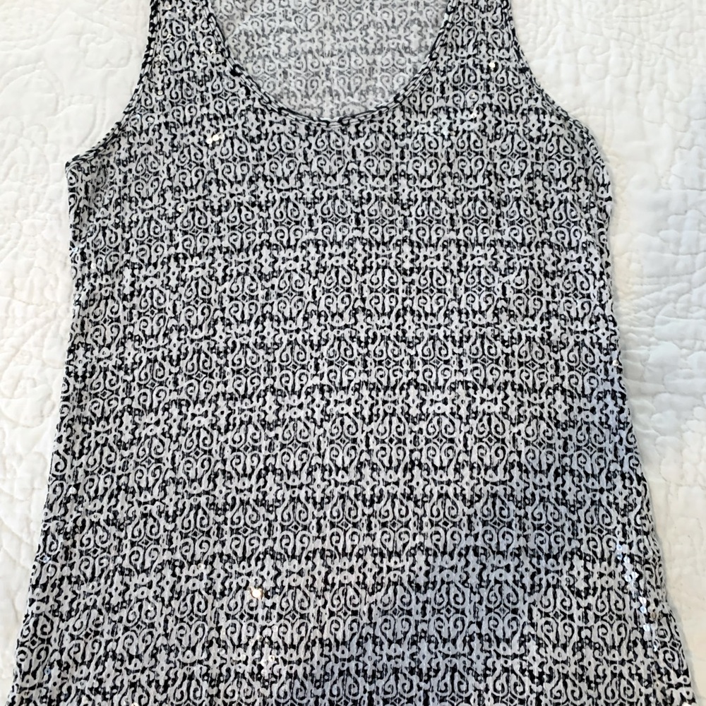 Sequined Black and White Patterned Tank Top